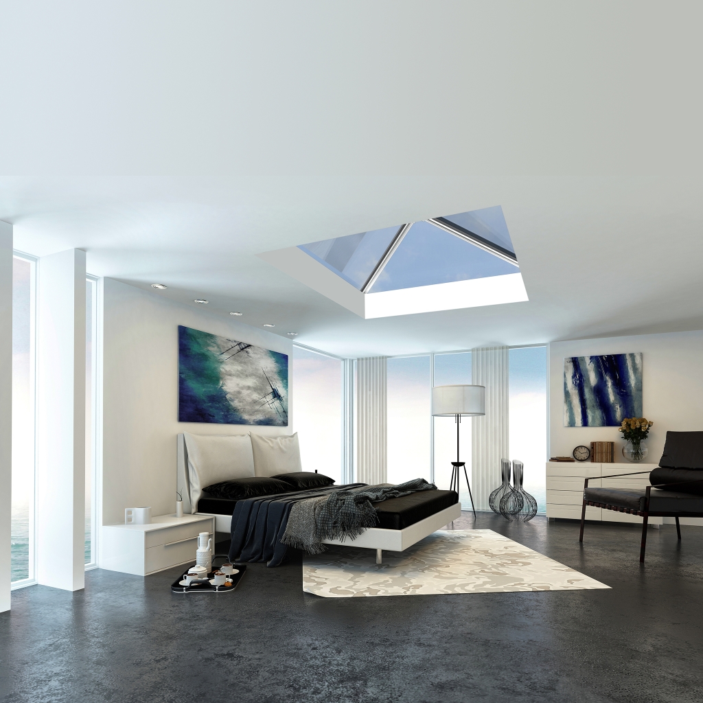 Modern bedroom with large Roof Lantern with blue sky outside