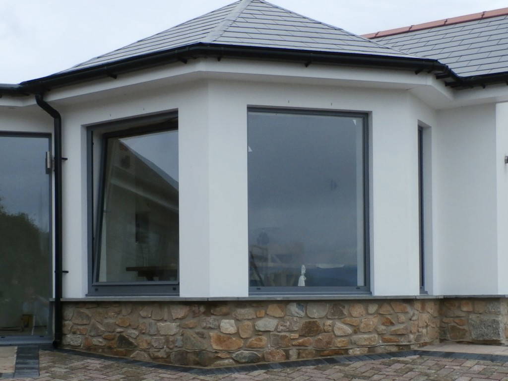 Grey aluminium windows on a rendered home – double glazing in Hayle, Cornwall